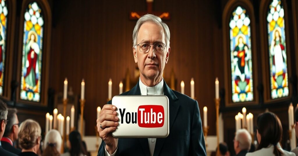 John-Henry Westen z srebrnym przyciskiem YouTube przed ołtarzem kościelnym z krucyfiksem