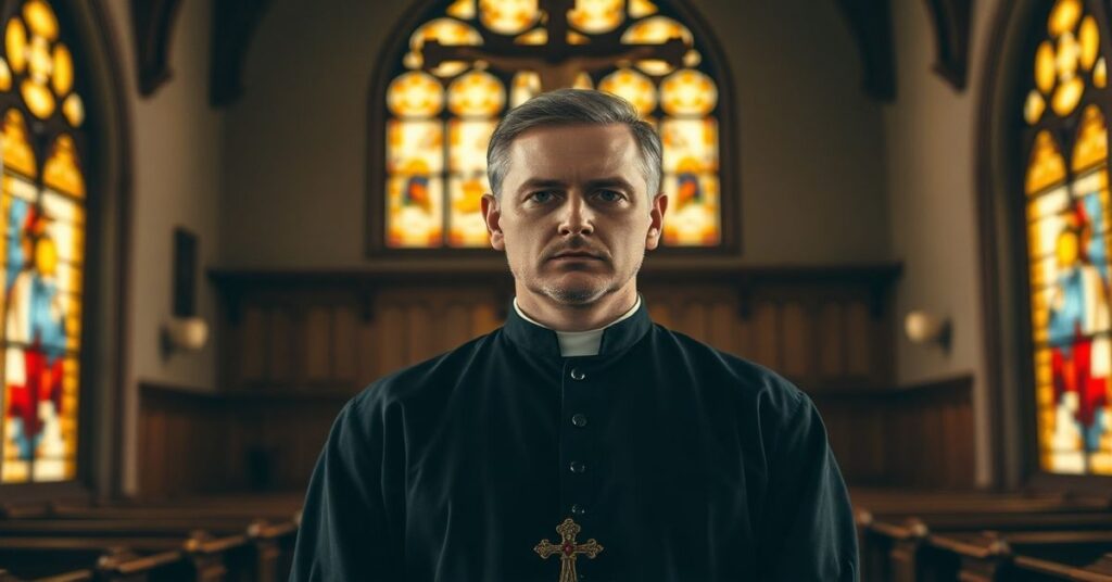 Portret Johna Prevosta, brata uzurpatora Roberta Prevosta, w tradycyjnym wnętrzu kościelnym