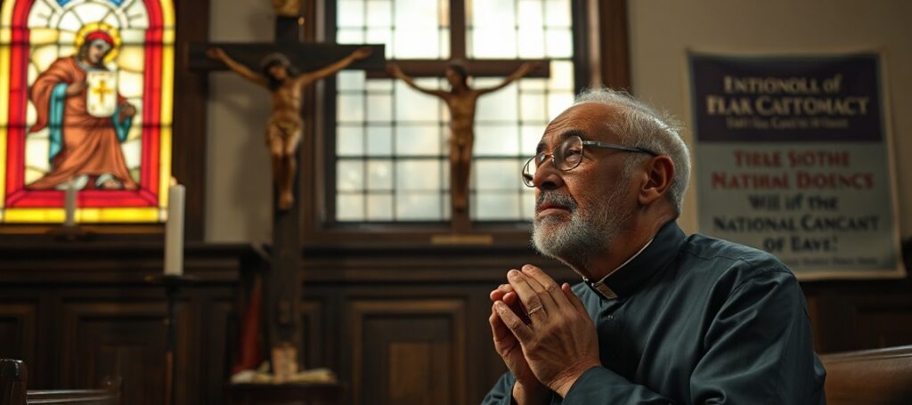 Portret Johna Ricarda, 'biskupa' nowego kościoła, w tradycyjnym katolickim wnętrzu