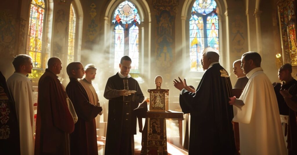Traditionalny kościół katolicki w trakcie ceremonii bierzmowania Jona Fossego