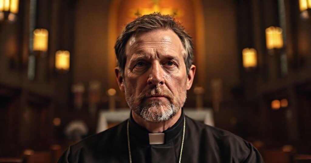 Portret Jona Fosse'a przed ołtarzem katolickim, symbolizujący konflikt między autentyczną wiarą a jego modernistycznymi herezjami.