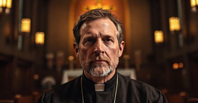 Portret Jona Fosse'a przed ołtarzem katolickim, symbolizujący konflikt między autentyczną wiarą a jego modernistycznymi herezjami.