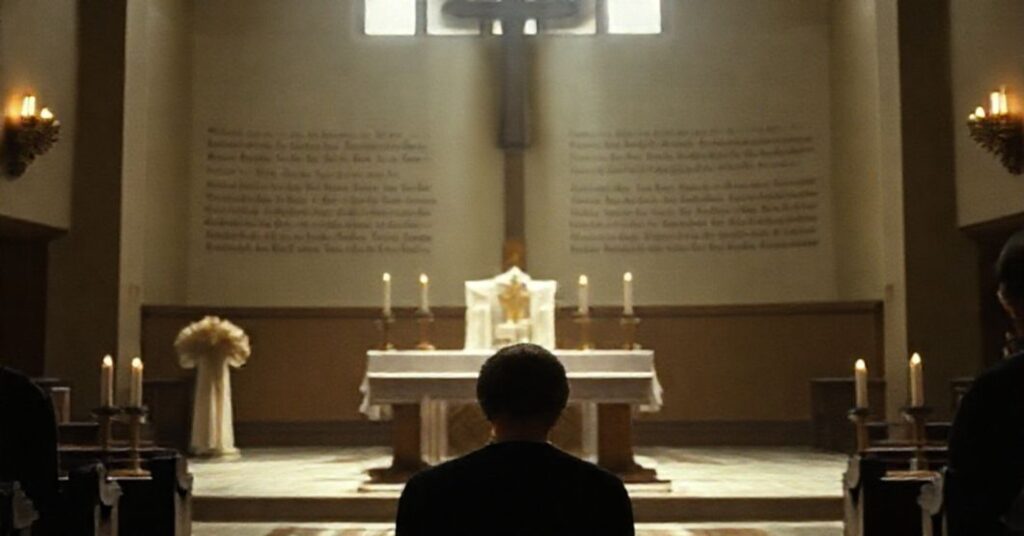 Wnętrze tradycyjnego kościoła katolickiego z Jonem Fosse w czasie Mszy Trydenckiej, podkreślające konflikt między prawdziwą wiarą a modernistycznym redukcjonizmem.