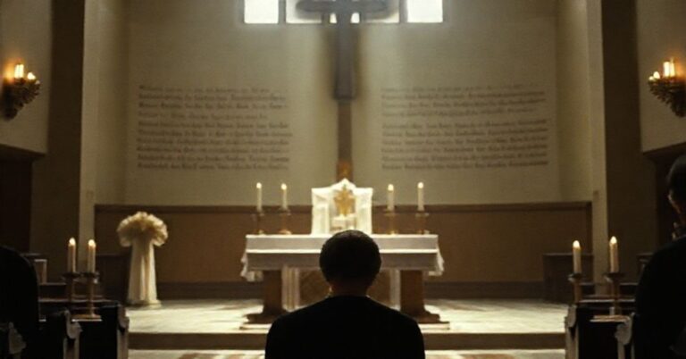 Wnętrze tradycyjnego kościoła katolickiego z Jonem Fosse w czasie Mszy Trydenckiej, podkreślające konflikt między prawdziwą wiarą a modernistycznym redukcjonizmem.