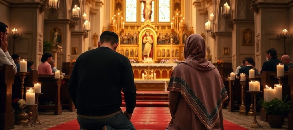 Jonás i Lourdes Ángel klękają w modlitwie przy ołtarzu tradycyjnego kościoła katolickiego podczas Wigilii Paschalnej w Getafe, Hiszpania.