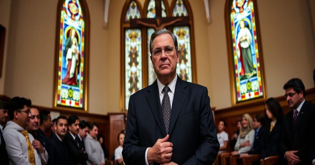 José Antonio Kast w kościele z różańcem w ręku, z tłem przedstawiającym krzyż i witraże z świętymi. Scena jest poważna i religijna.