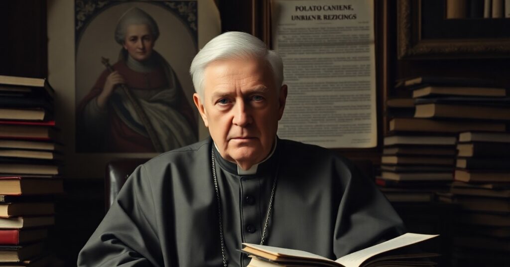 Portret Josepha Ratzingera w ciemnym gabinecie pełnym książek teologicznych nowoczesnych. Jego twarz wygląda na pokorną, ale ukrywa herezję.