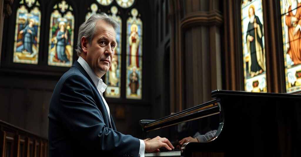 Portret Józefa Hofmanna grającego na fortepianie w tradycyjnym stroju koncertowym w kościele z witrażami przedstawiającymi świętych