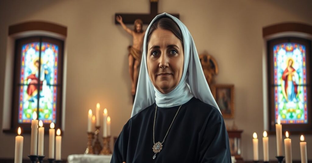 Realistyczny portret Józefiny Bakhity w tradycyjnym habitzie katolickim w kaplicy z witrażami i świecami.