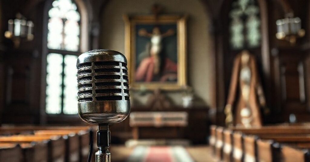 Wnętrze kaplicy katolickiej z mikrofonem i portretami świętych Maksymiliana Kolbego i krzyża na tle Auschwitz.