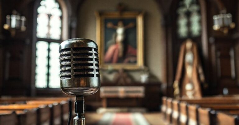 Wnętrze kaplicy katolickiej z mikrofonem i portretami świętych Maksymiliana Kolbego i krzyża na tle Auschwitz.