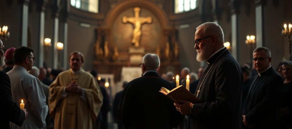 Obraz przedstawiający jubileusz 25-lecia fałszywej sakry biskupa Józefa Wróbla SCJ w luterańskim kościele w Helsinkach. Scena ukazuje Wróbla w biskupich szatach otoczonego przedstawicielami ekumenizmu, podczas gdy na tle widnieje tradycyjny kapłan katolicki w stroju sprzed Soboru Watykańskiego II trzymający stałą mszał. Światło jest przygaszone, podkreślając duchową ciemność apostazji.