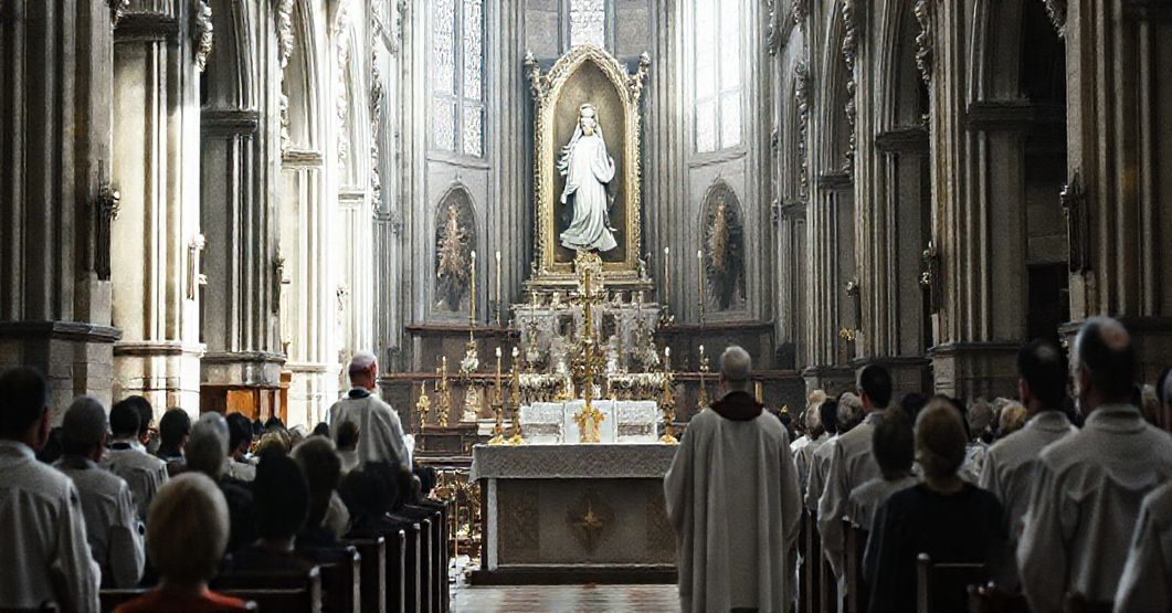 Smutna scena w katedrze, gdzie modernistyczny biskup w białych szatach odprawia liturgię Novus Ordo przed rzadką grupą wiernych. Ołtarz jest pusty, bez krzyży, z tylko abstrakcyjnym dziełem sztuki jako głównym elementem. Na tle widoczna jest blaknąca kopia obrazu Matki Bożej z Lourdes, niosona w procesji, podczas gdy symbolika katolicka tradycyjna jest nieobecna. Atomosfera jest ponura i duchowo pustynna.