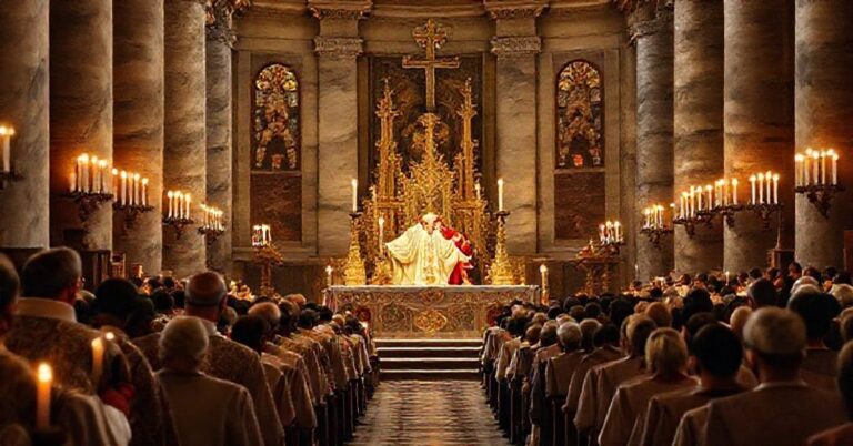 Scena tradycyjnej katolickiej liturgii podczas Jubileuszu Chórzystów w Watykanie z nieobecnym usurpatorem Leonem XIV.