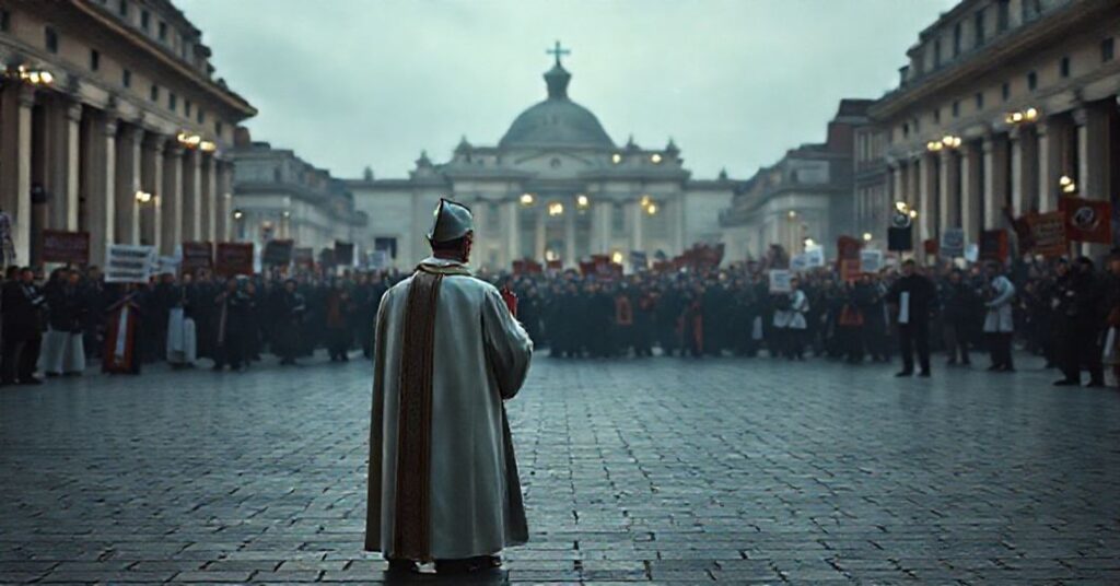 Pusty Plac św. Piotra z tradycyjnym katolickim księżem modlącym się w tle tłumu modernistów z marcystowskimi transparentami