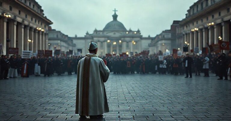 Pusty Plac św. Piotra z tradycyjnym katolickim księżem modlącym się w tle tłumu modernistów z marcystowskimi transparentami