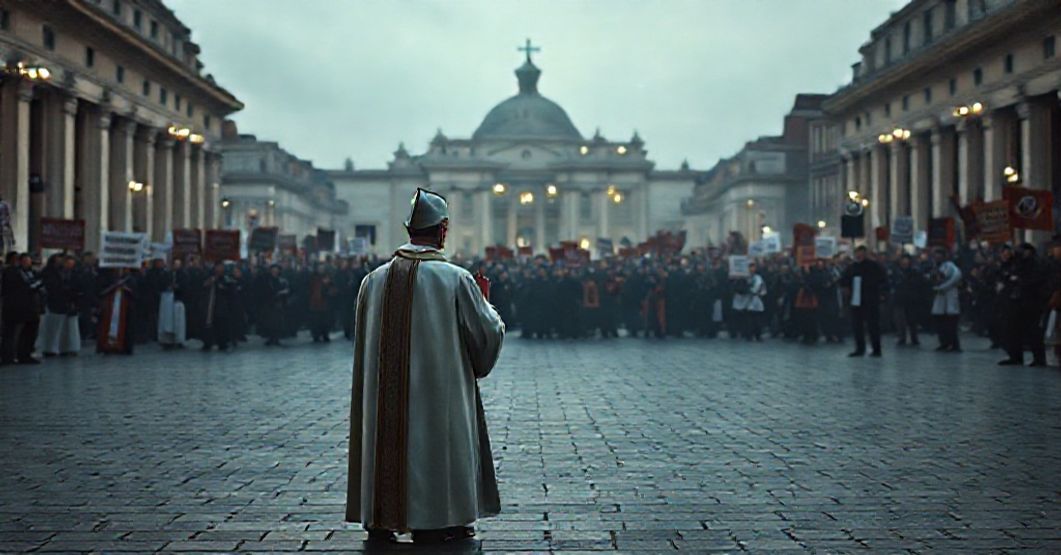Jubileusz Migrantów: Ciągłe odrzucenie tradycji przez pseudo-papieża Leona XIV Pusty Plac św. Piotra z tradycyjnym katolickim księżem modlącym się w tle tłumu modernistów z marcystowskimi transparentami