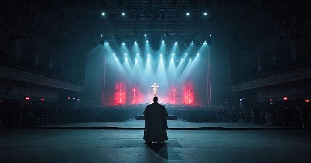 Pusty scenograficzny widok imprezy Jubileusz Młodzieży 2025 na równi Tor Vergata z nowoczesnym oświetleniem i technologią audiowizualną.