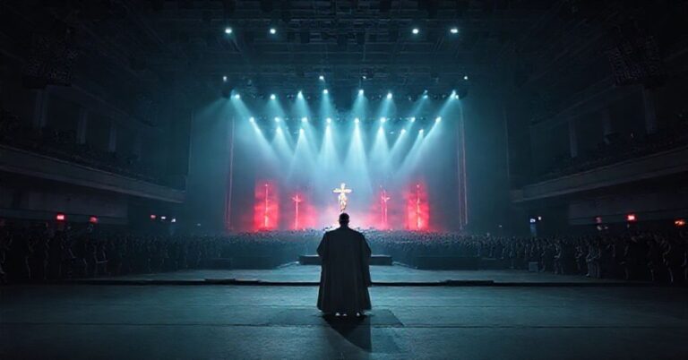 Pusty scenograficzny widok imprezy Jubileusz Młodzieży 2025 na równi Tor Vergata z nowoczesnym oświetleniem i technologią audiowizualną.