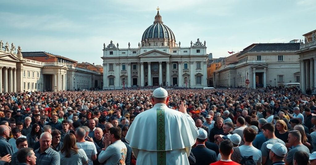 Uroczysty zgromadzenie katolickie na Placu Św. Piotra w Watykanie z udziałem rzekomego papieża Leona XIV i tysięcy pielgrzymów.