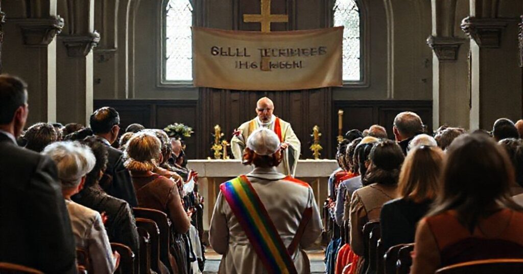 Scena tradycyjnej mszy katolickiej z udziałem "biskupa" w kościele posoborowym. Na pierwszym planie widoczna jest profanacja liturgii z udzielaniem "komunii" w dłonie i grupą samorządowców w różnych symbolach modernistycznych.