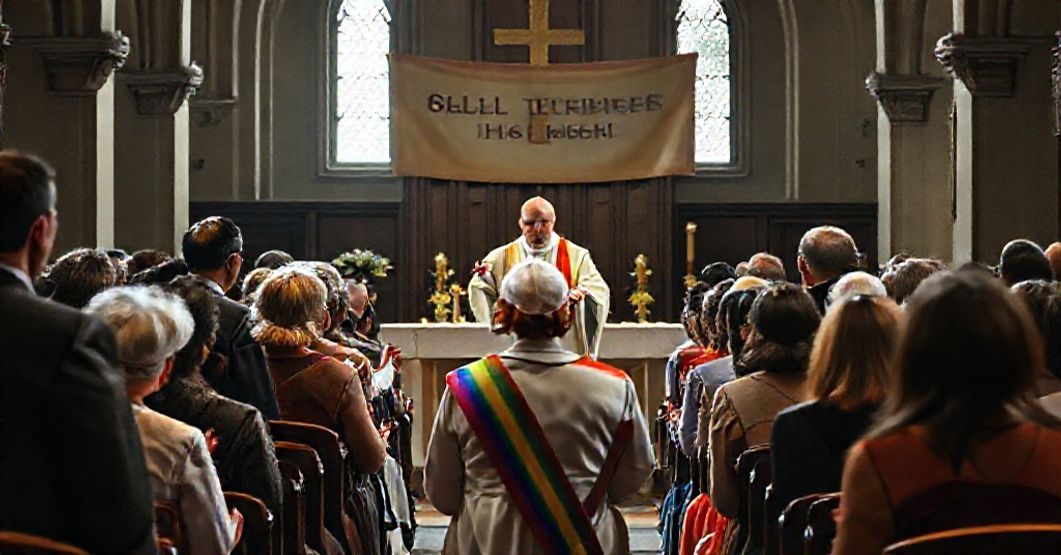 Scena tradycyjnej mszy katolickiej z udziałem "biskupa" w kościele posoborowym. Na pierwszym planie widoczna jest profanacja liturgii z udzielaniem "komunii" w dłonie i grupą samorządowców w różnych symbolach modernistycznych.