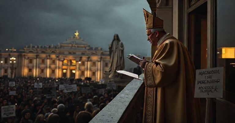 Melancholic scene from the Vatican during a Jubileusz Ubogich event with an antipope delivering a heretical homily