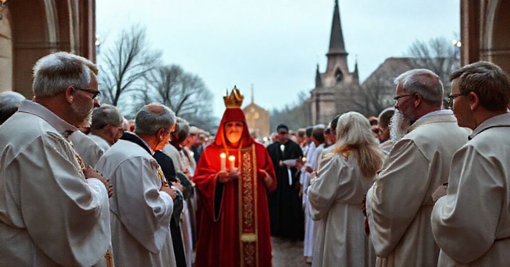 Grupa osób modli się w tradycyjnym kościele podczas "Jubileuszu Ubogich" w Rzymie.