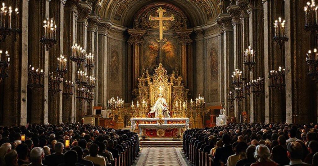 Wnętrze kościoła podczas kontrowersyjnego wydarzenia 'Jubileusz Więźniów' z fałszywym papieżem Leonem XIV celebransem niedostojnej mszy. Ołtarz ozdobiony hostiami poświęconymi przez osadzonych.