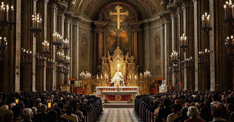 Wnętrze kościoła podczas kontrowersyjnego wydarzenia 'Jubileusz Więźniów' z fałszywym papieżem Leonem XIV celebransem niedostojnej mszy. Ołtarz ozdobiony hostiami poświęconymi przez osadzonych.