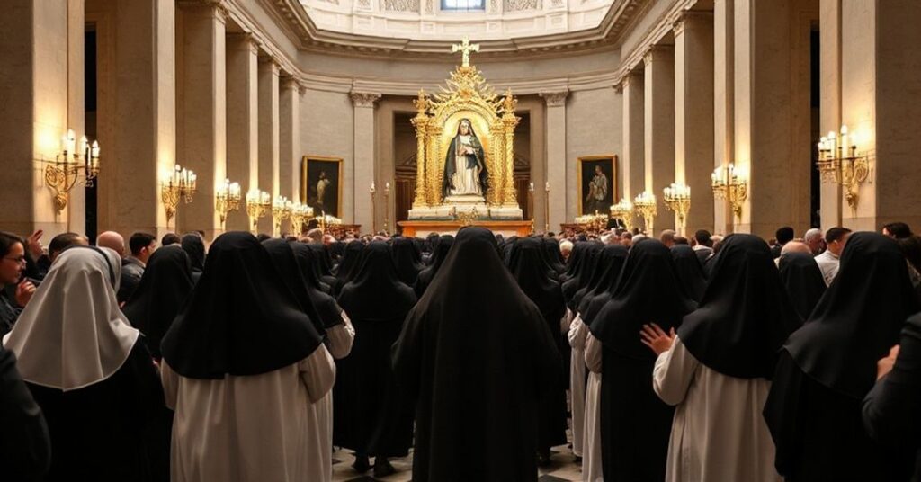 Procesja sióstr zakonnych podczas Jubileuszu Życia Konsekrowanego w Watykanie z rzeźbą Czarnej Madonny na tle Bazylii Św. Piotra