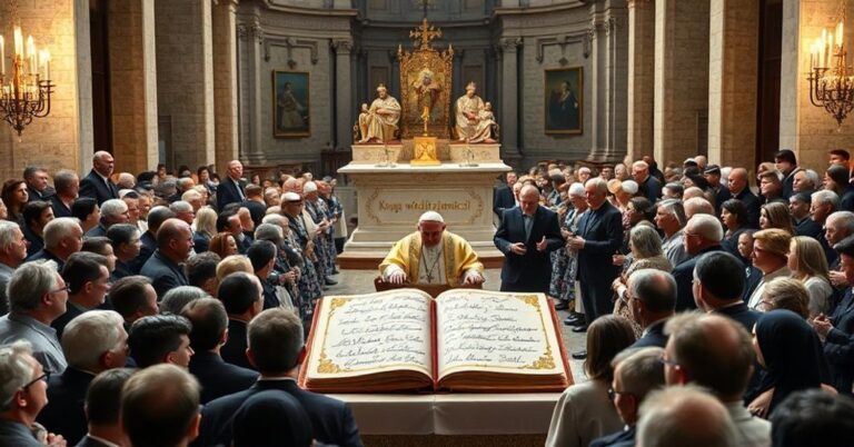 Grupa pielgrzymów oddaje cześć fałszywemu papieżowi podczas uroczystości jubileuszowej w Watykanie.