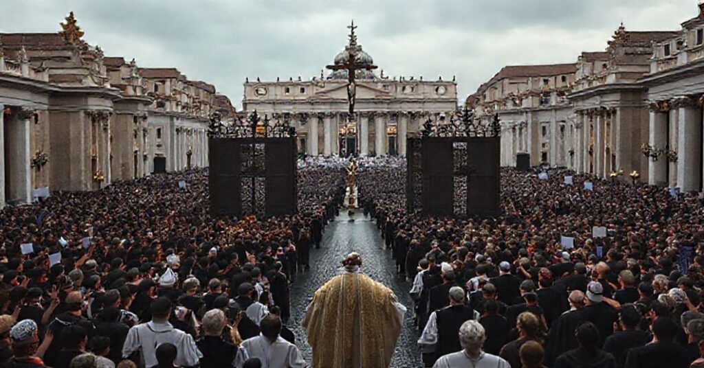 Scena na placu św. Piotra w Rzymie podczas farsy jubileuszowej w neo-kościele.