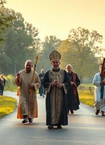Jubileuszowy Marsz św. Bogumiła - Pielgrzymka w Duchowej Pustce Gruz pielgrzymów idących w ramach Jubileuszowego Marszu św. Bogumiła od Dobrowa do Uniejowa.