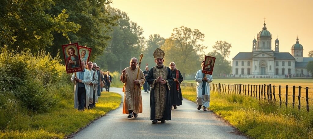 Gruz pielgrzymów idących w ramach Jubileuszowego Marszu św. Bogumiła od Dobrowa do Uniejowa.