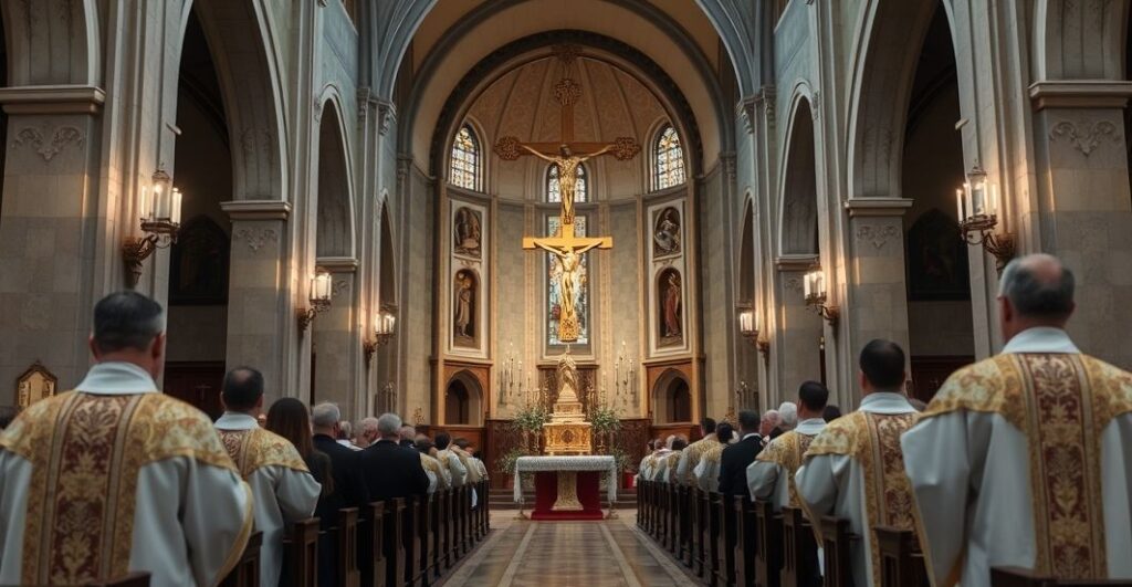 Realistyczne zdjęcie liturgiczne ukazujące krzyż w kościele katolickim, podkreślające jego teologiczne znaczenie i historyczną wagę z perspektywy sedevacantistycznej.