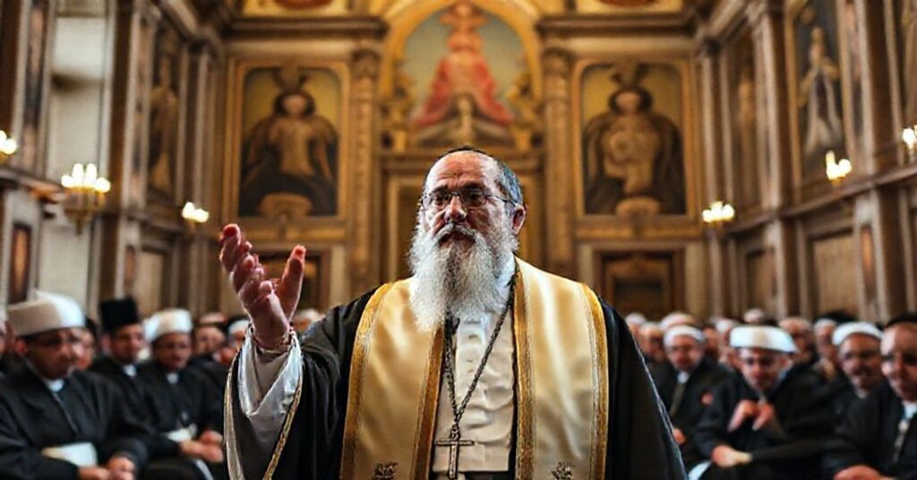 Obraz przedstawiający naczelnego rabina Rzymu Riccardo Di Segniego w Watykanie, symbolizujący judaizację struktury posoborowej w świetle katolickiej doktryny.