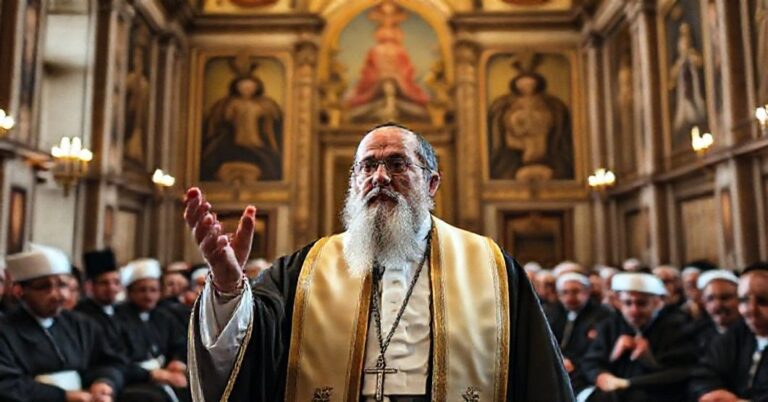 Obraz przedstawiający naczelnego rabina Rzymu Riccardo Di Segniego w Watykanie, symbolizujący judaizację struktury posoborowej w świetle katolickiej doktryny.