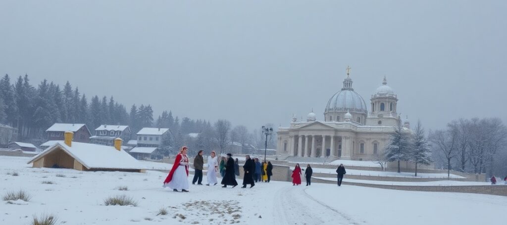 Modlący się Żyd przed gotyckim kościołem katolickim na tle konfliktu izraelsko-palestyńskiego