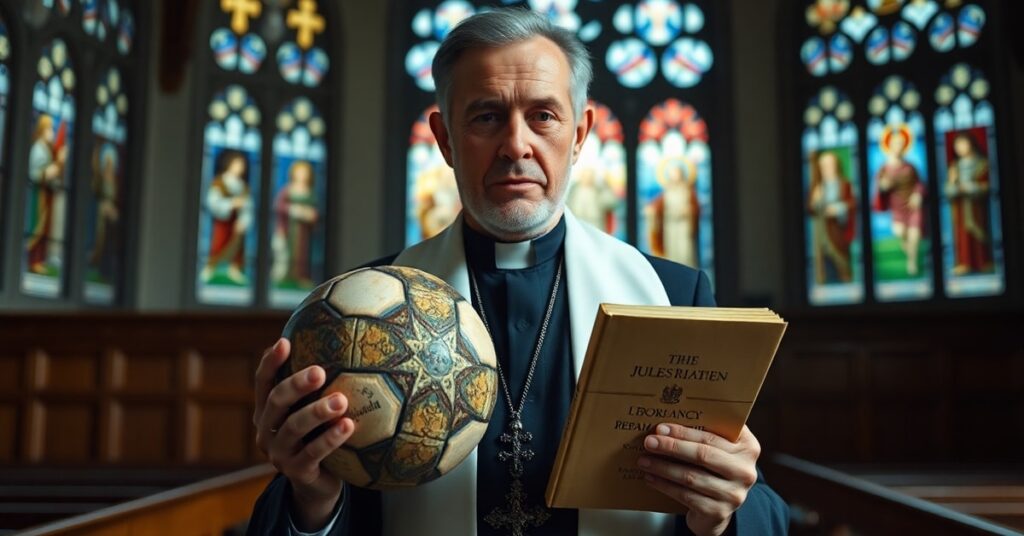 Portret Julesa Rimet, katolickiego założyciela FIFA, trzymającego piłkę i encyklikę Rerum Novarum w kościele z witrażami