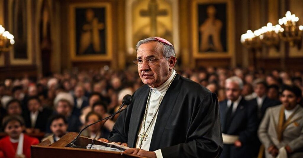 Portret Julio Borgesa podczas kongresu katolickiego w Madrycie, symbolizujący konflikt między tradycyjną wiarą a nowoczesnym aktywizmem.