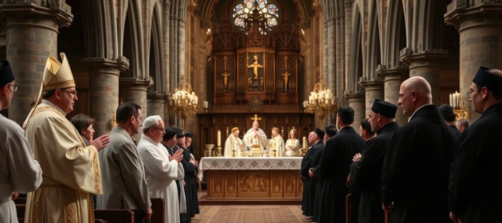 Uroczysta katolicka ceremonia w Katedrze Gnieźnieńskiej z udziałem abp. Wojciecha Polaka, o. Tomasza Nowak OP i braci z Taizé podczas Jutrzni Lednickiej.