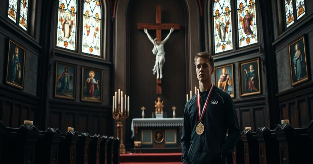 Młody narciarz skoczek Kacper Tomasiak w kościele przed krzyżem z olimpijskim medalem
