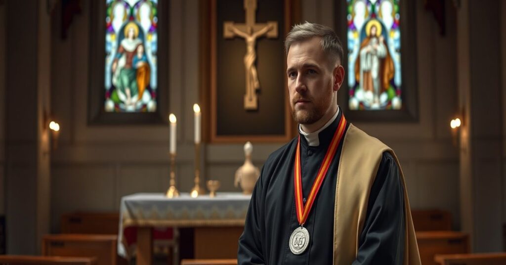 Kacper Tomasiak, lektor z parafii w Bielsku-Białej, w tradycyjnym stroju kościelnym przed olimpijskim podium z srebrnym medalem