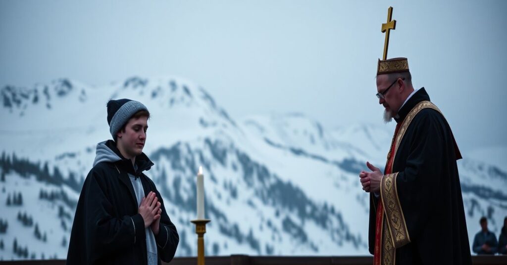 Kacper Tomasiak modlący się przed tradycyjną Mszą św. w otoczeniu tradycyjnego księdza w górach