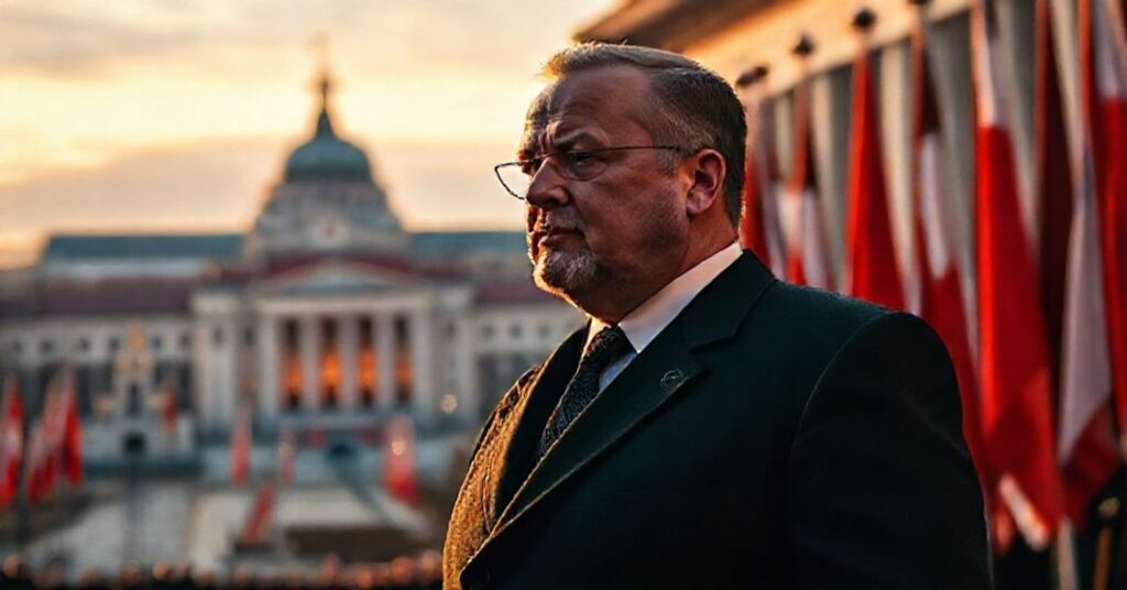 Portret Jarosława Kaczyńskiego przed budynkiem rządu w Warszawie, symbolizujący odrzucenie panowania Chrystusa na rzecz świeckiego nacjonalizmu.