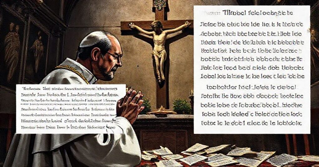 Prawdziwy katolicki ksiądz w modlitwie przed krzyżem w tradycyjnej kaplicy, symbolizujący rozpacz nad heretyckimi nauczaniami Leona XIV.