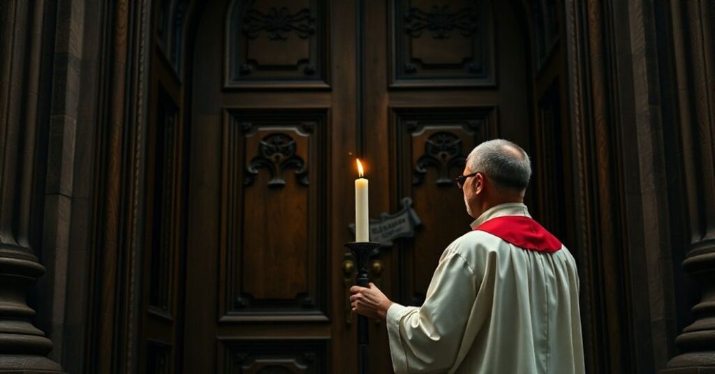 Traditionalny ksiądz przed katedrą z zapalonym świetlikiem symbolizującym odrzucenie prawdy. W tle widoczny jest blurry budynek Uniwersytetu Georgetown.