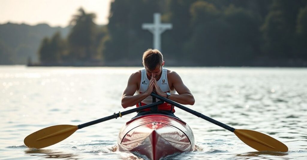 Kajakarka w modlitwie po zwycięstwie, otoczona promieniami Bożej łaski.