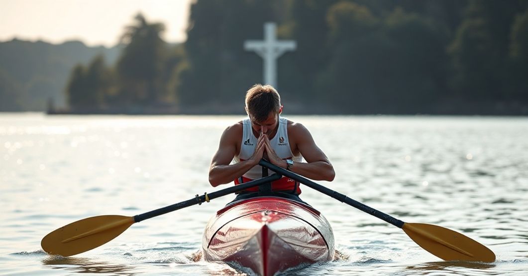 Kajakarka w modlitwie po zwycięstwie, otoczona promieniami Bożej łaski.